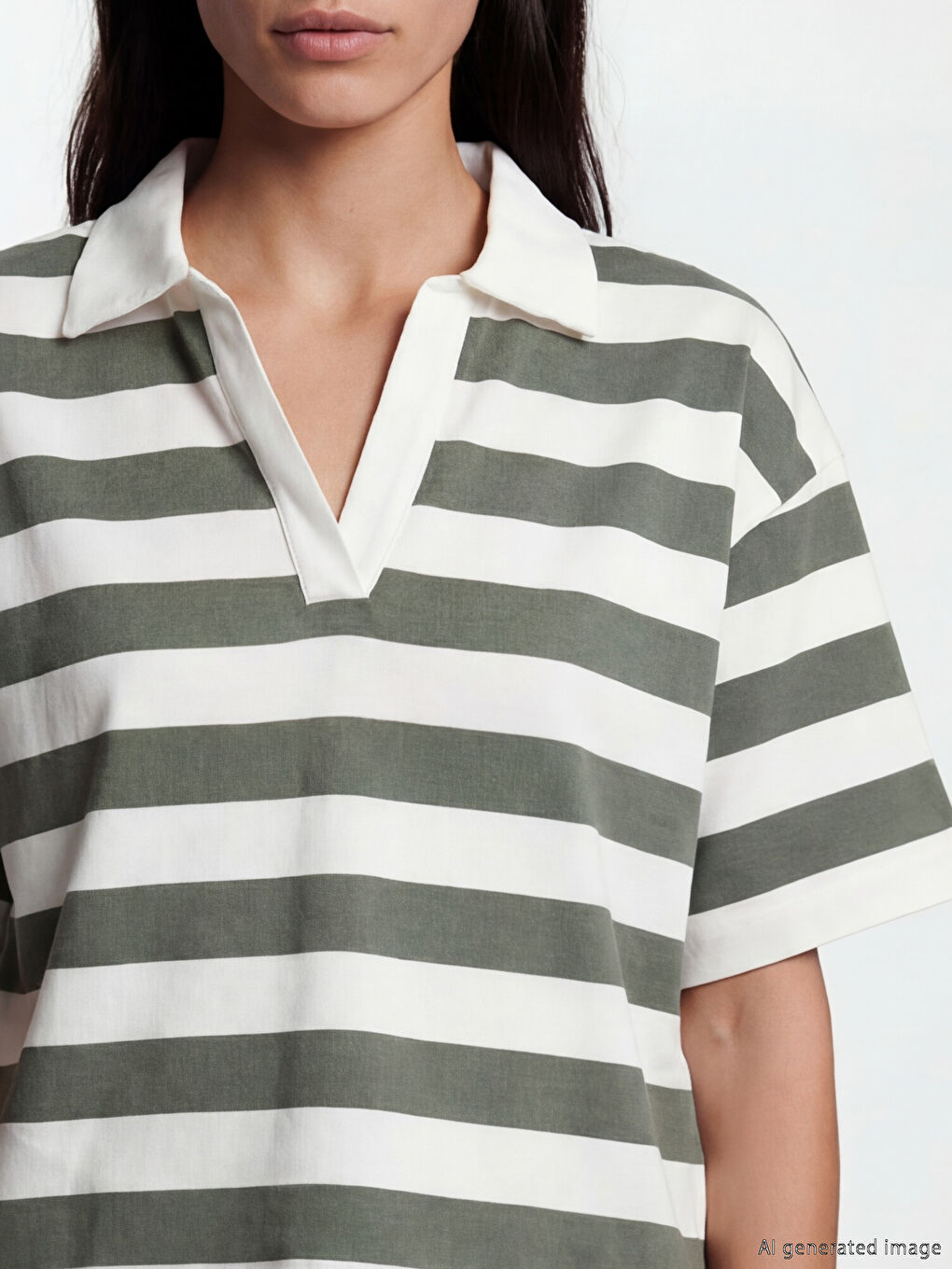 Yeşil Polo Yaka Çizgili Kadın Tişört-2