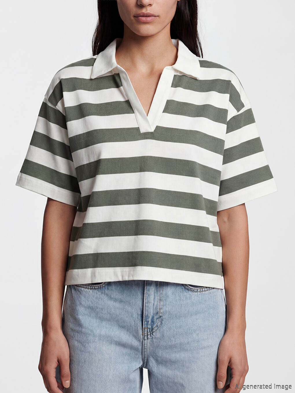 Yeşil Polo Yaka Çizgili Kadın Tişört-3
