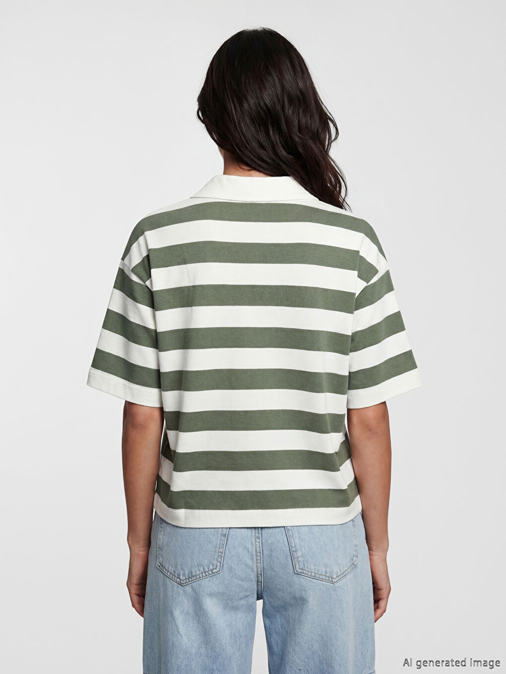 Yeşil Polo Yaka Çizgili Kadın Tişört-4