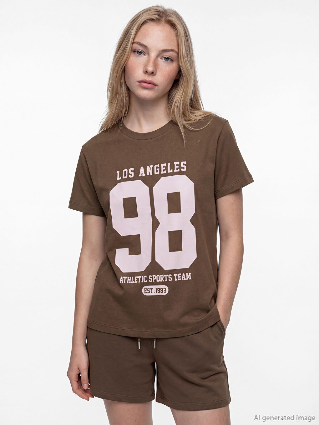 تي شيرت نسائي مطبوع لوس أنجلِس بياقة دائرية