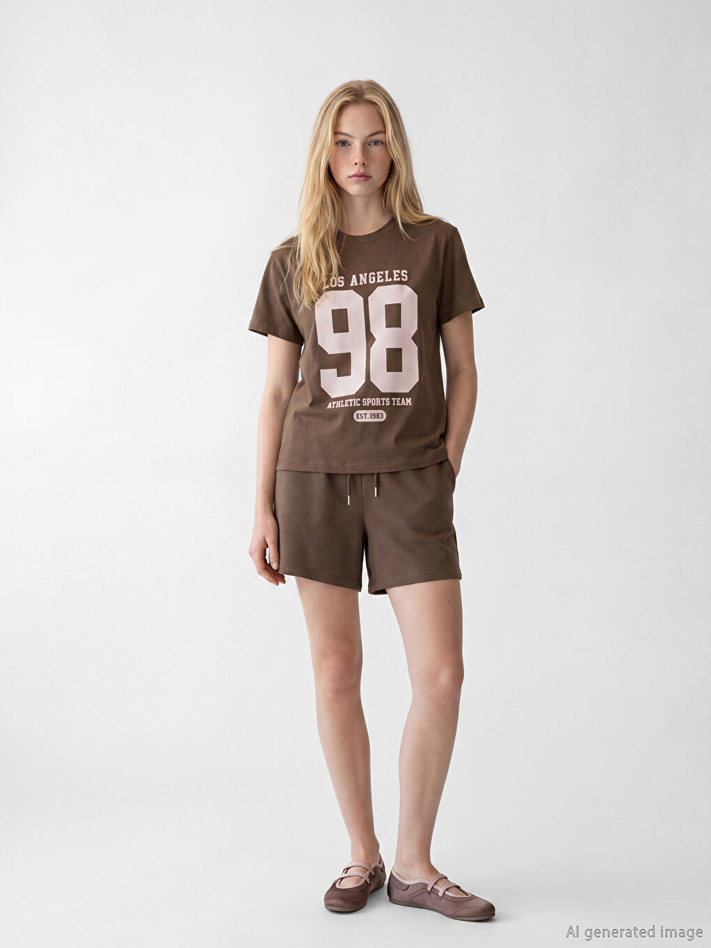 تي شيرت نسائي مطبوع لوس أنجلِس بياقة دائرية-1