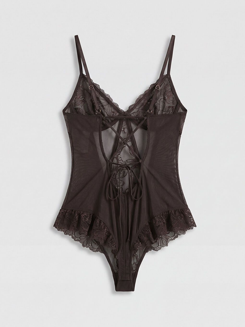 Kahverengi Askılı Dantelli Fantezi Çıtçıtlı Body-1
