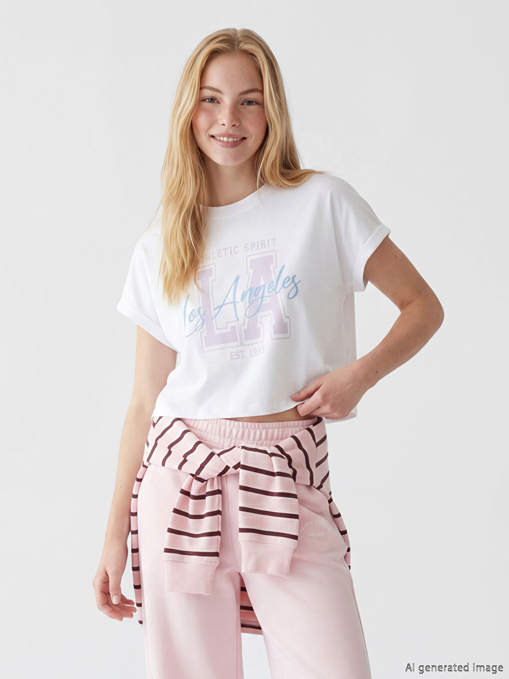 تي شيرت نسائي مطبوع لوس أنجلِس بياقة دائرية