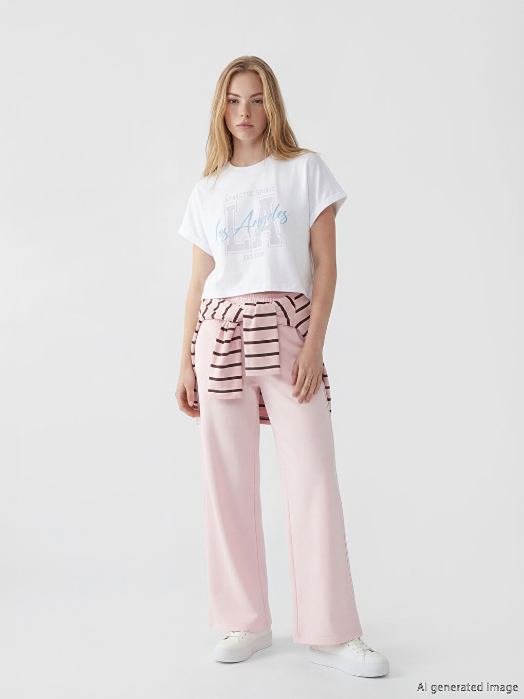 تي شيرت نسائي مطبوع لوس أنجلِس بياقة دائرية-1