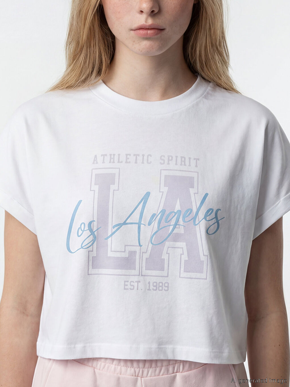 تي شيرت نسائي مطبوع لوس أنجلِس بياقة دائرية-2