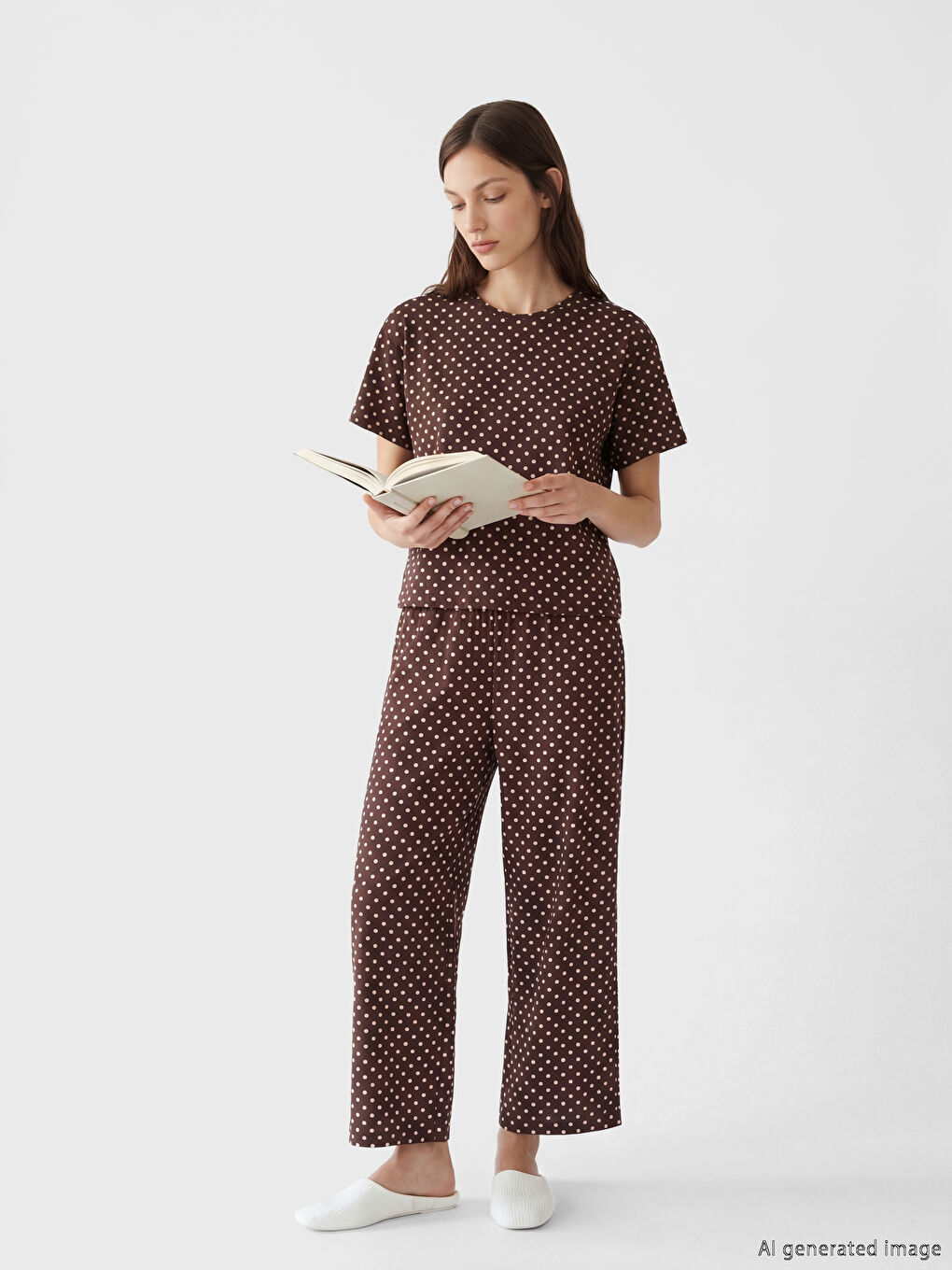 Kahverengi Puantiyeli Kadın Kaprili Pijama Takımı