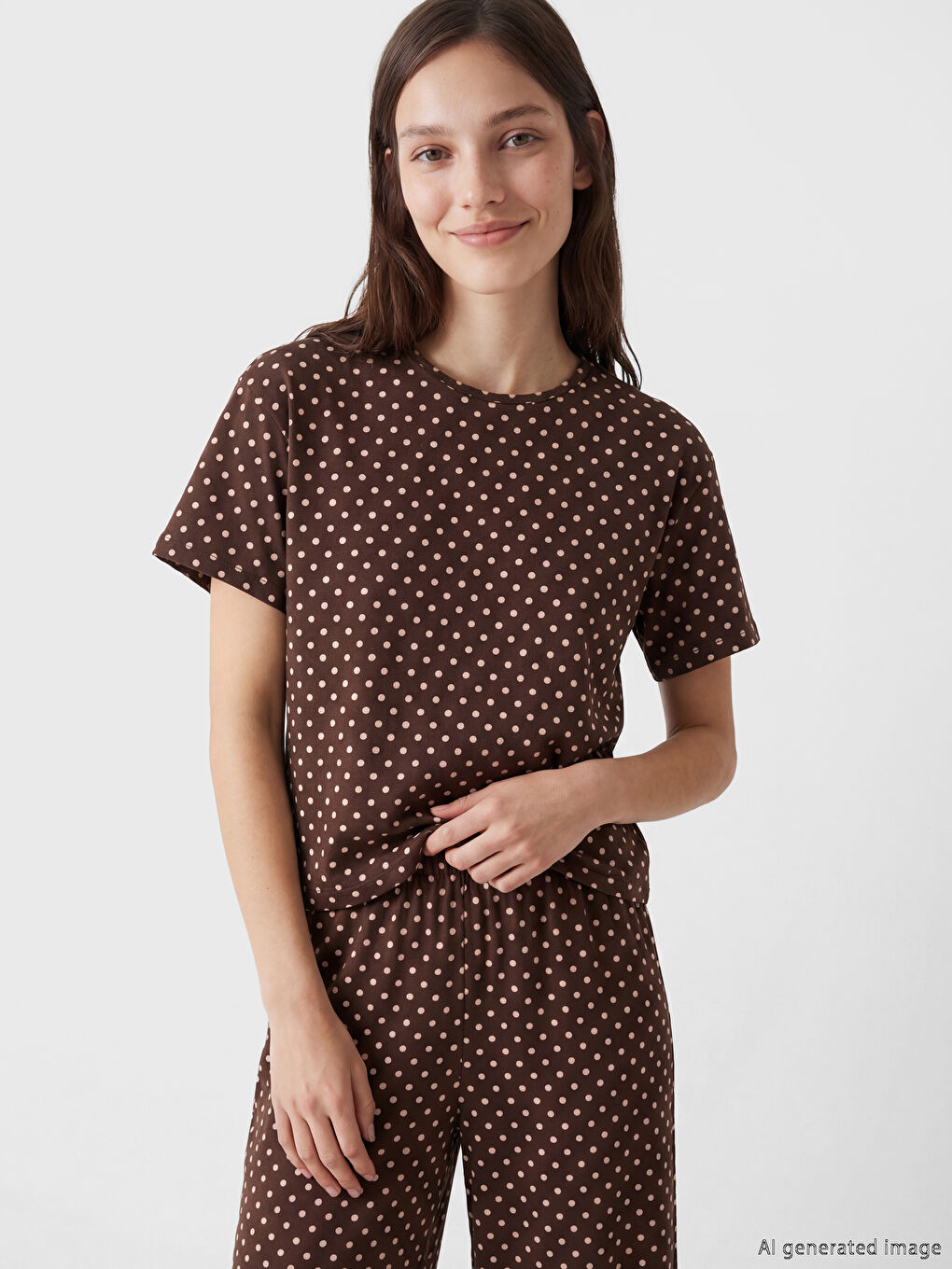 Kahverengi Puantiyeli Kadın Kaprili Pijama Takımı-1