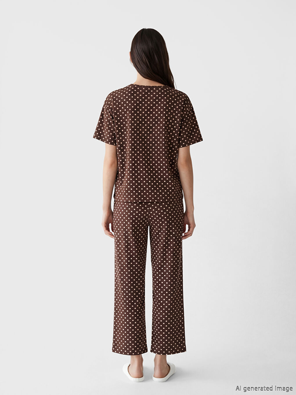 Kahverengi Puantiyeli Kadın Kaprili Pijama Takımı-3