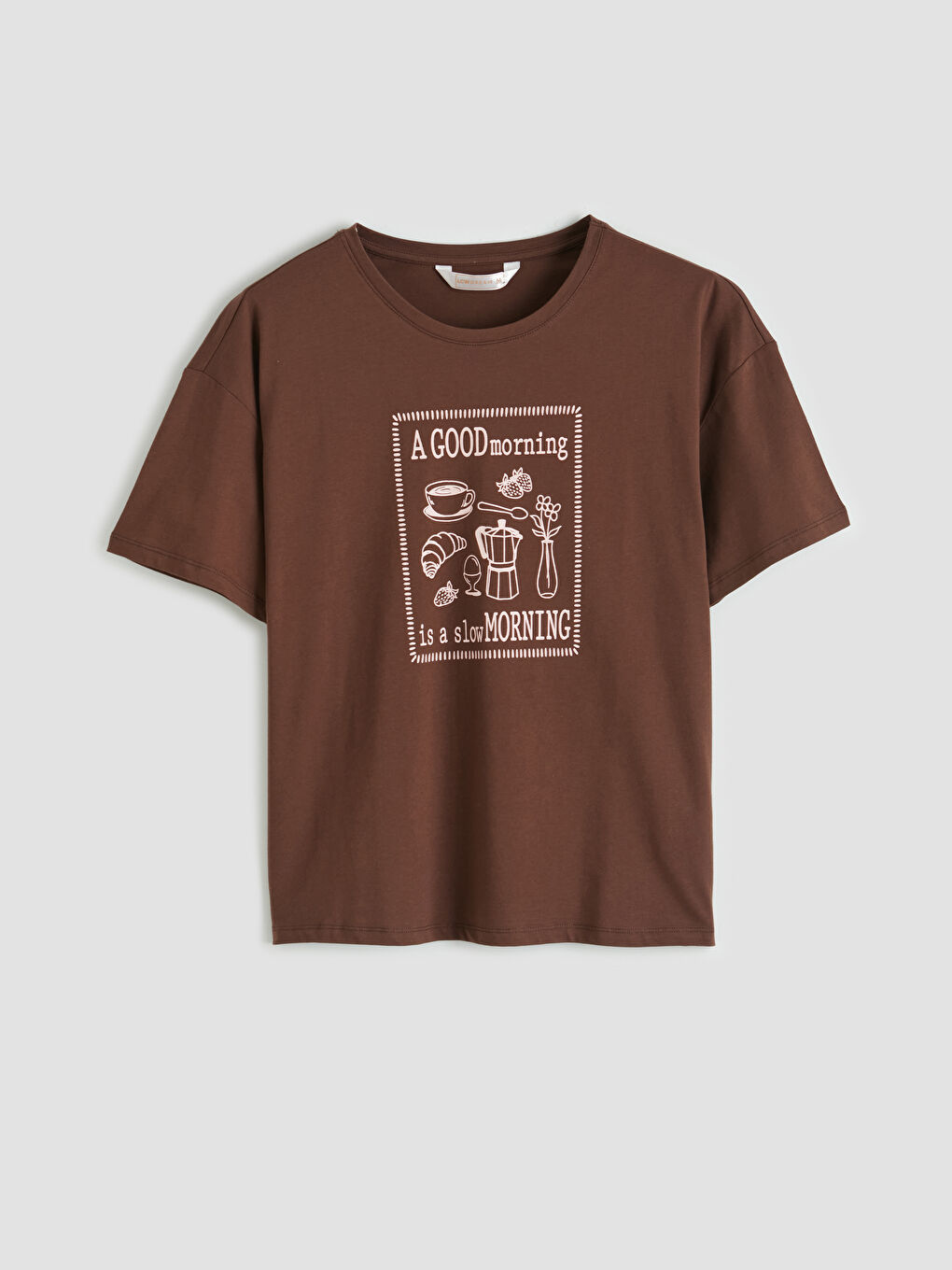 Kahverengi Bisiklet Yaka Baskılı Kadın Pijama Üst