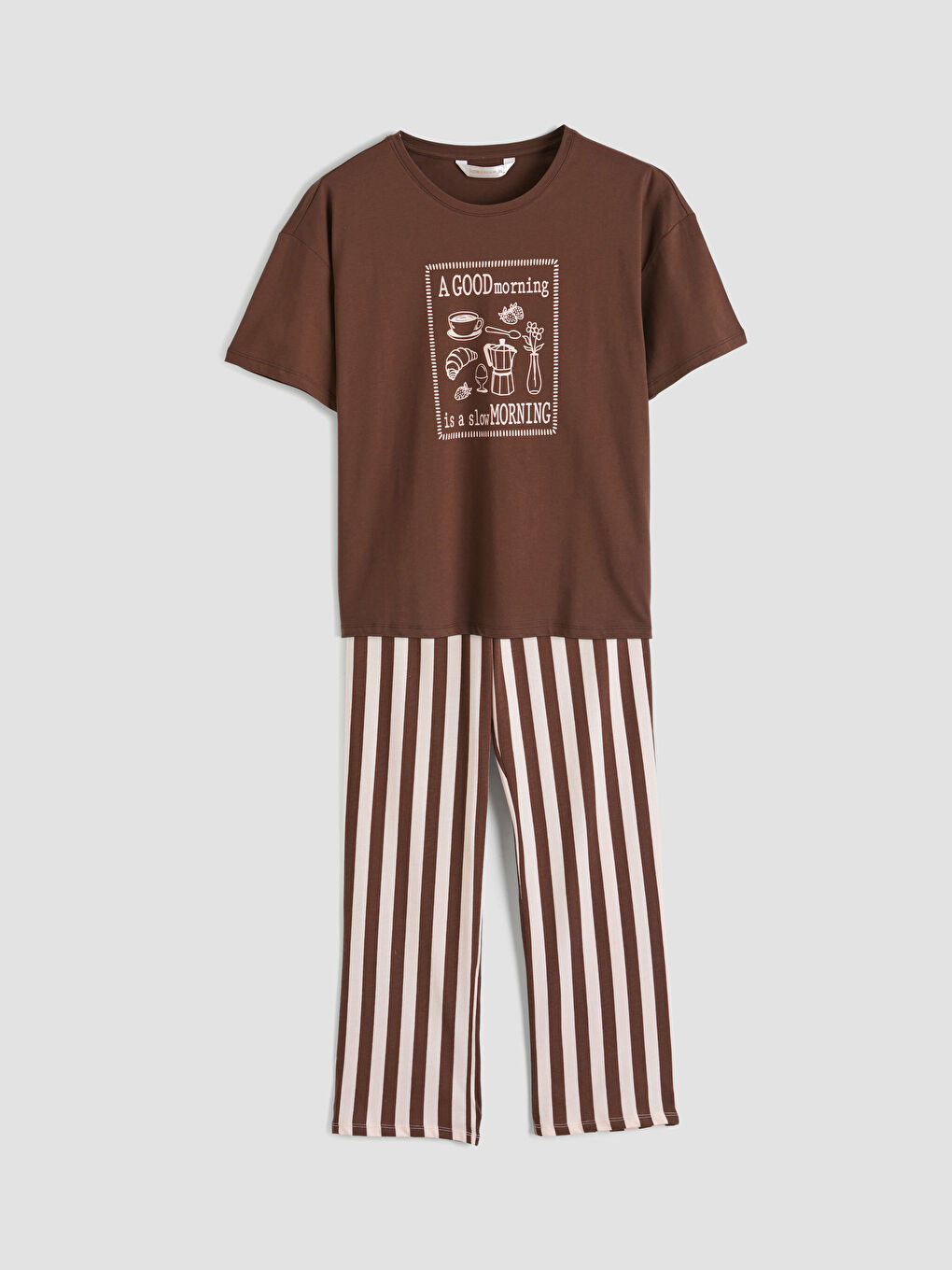 Kahverengi Bisiklet Yaka Baskılı Kadın Pijama Takımı