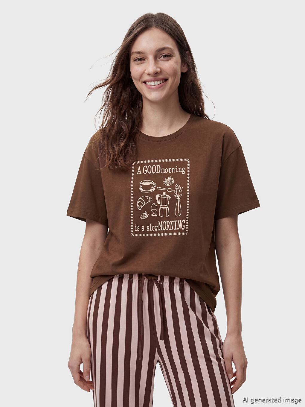 Kahverengi Bisiklet Yaka Baskılı Kadın Pijama Takımı-1