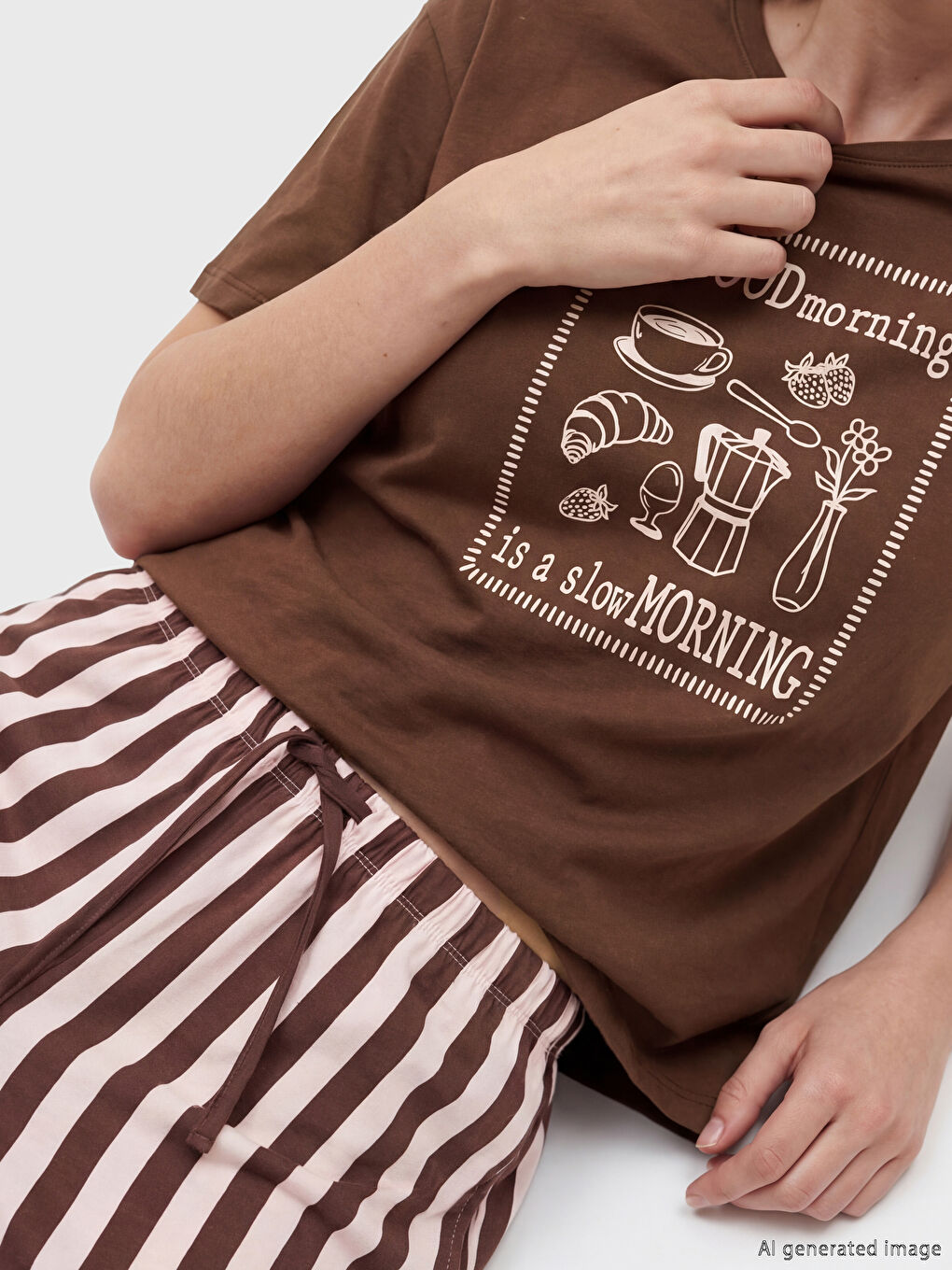 Kahverengi Bisiklet Yaka Baskılı Kadın Pijama Takımı-2