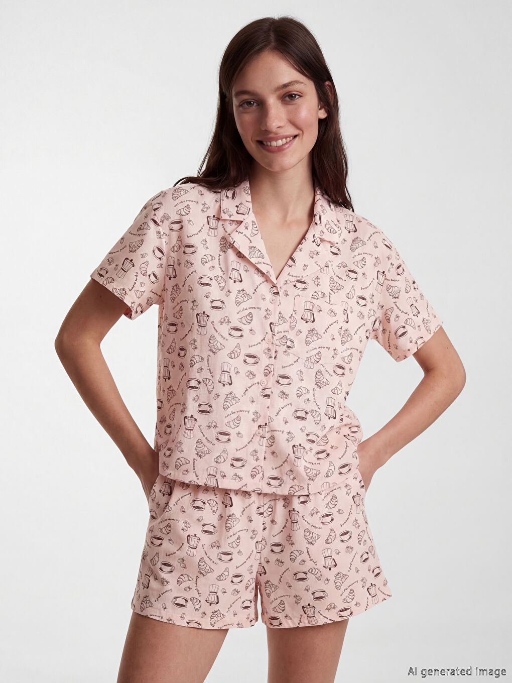 Pembe Gömlek Yaka Desenli Kadın Şortlu Pijama Takımı-1