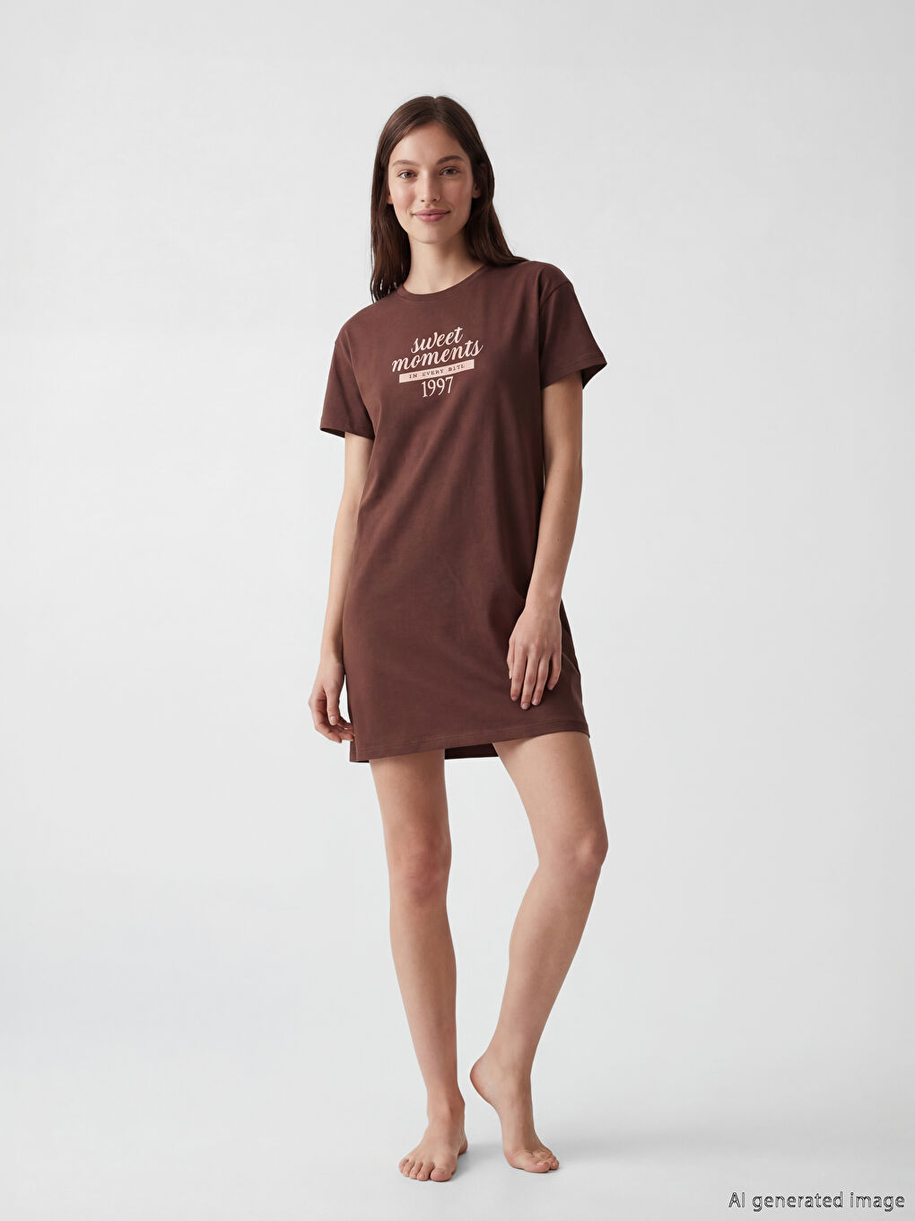 Kahverengi Bisiklet Yaka Baskılı Kadın Gecelik-1