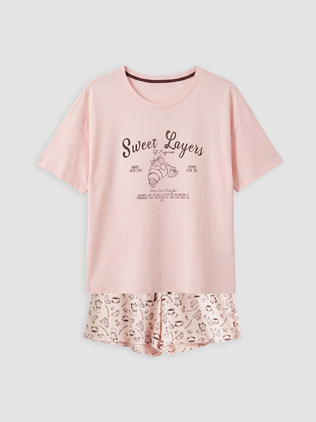 Pembe Bisiklet Yaka Baskılı Kadın Şortlu Pijama Takımı