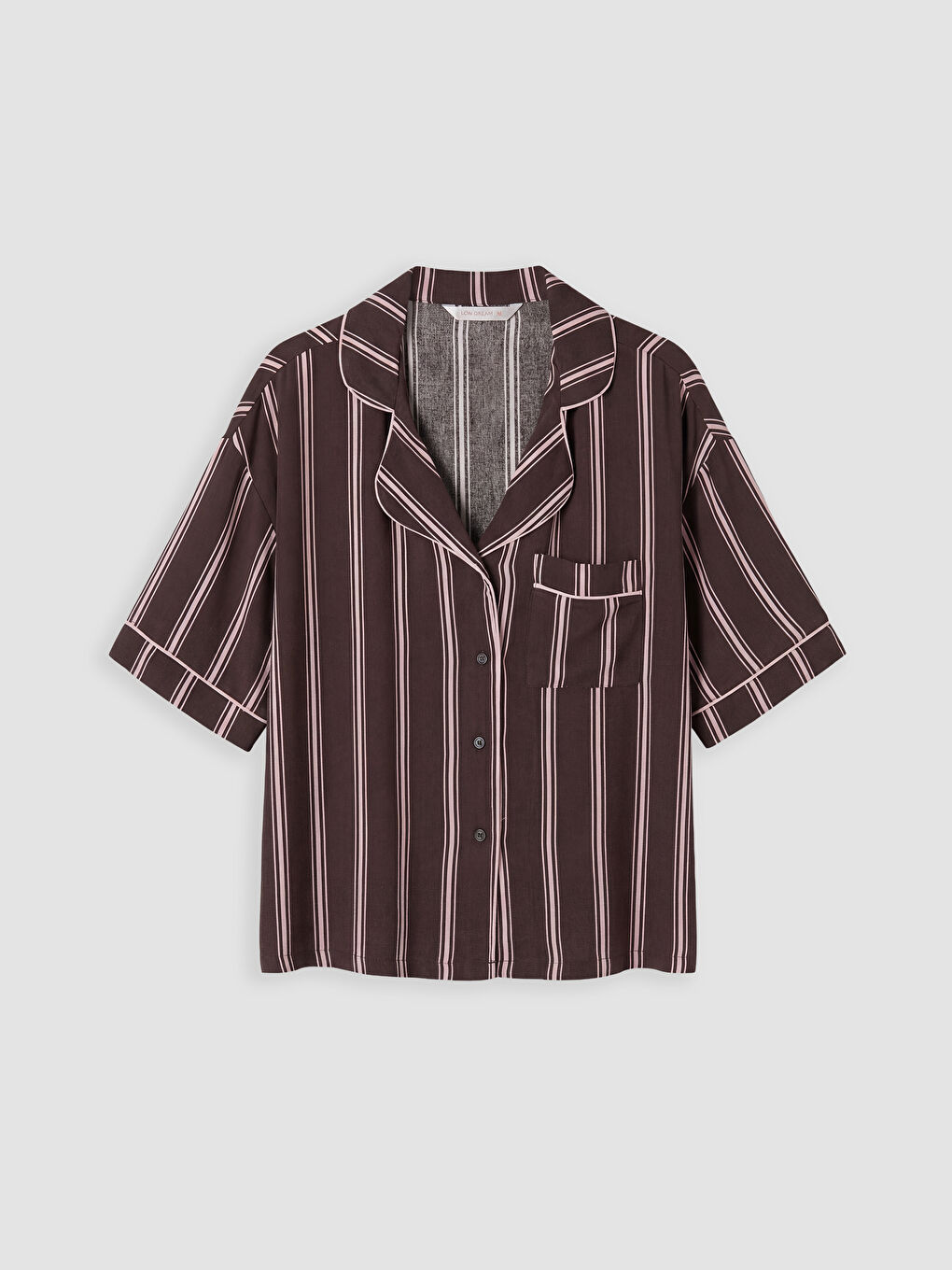 Kahverengi Gömlek Yaka Çizgili Kadın Pijama Üst