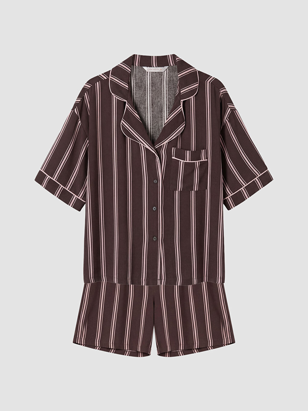 Kahverengi Gömlek Yaka Çizgili Kadın Şortlu Pijama Takımı