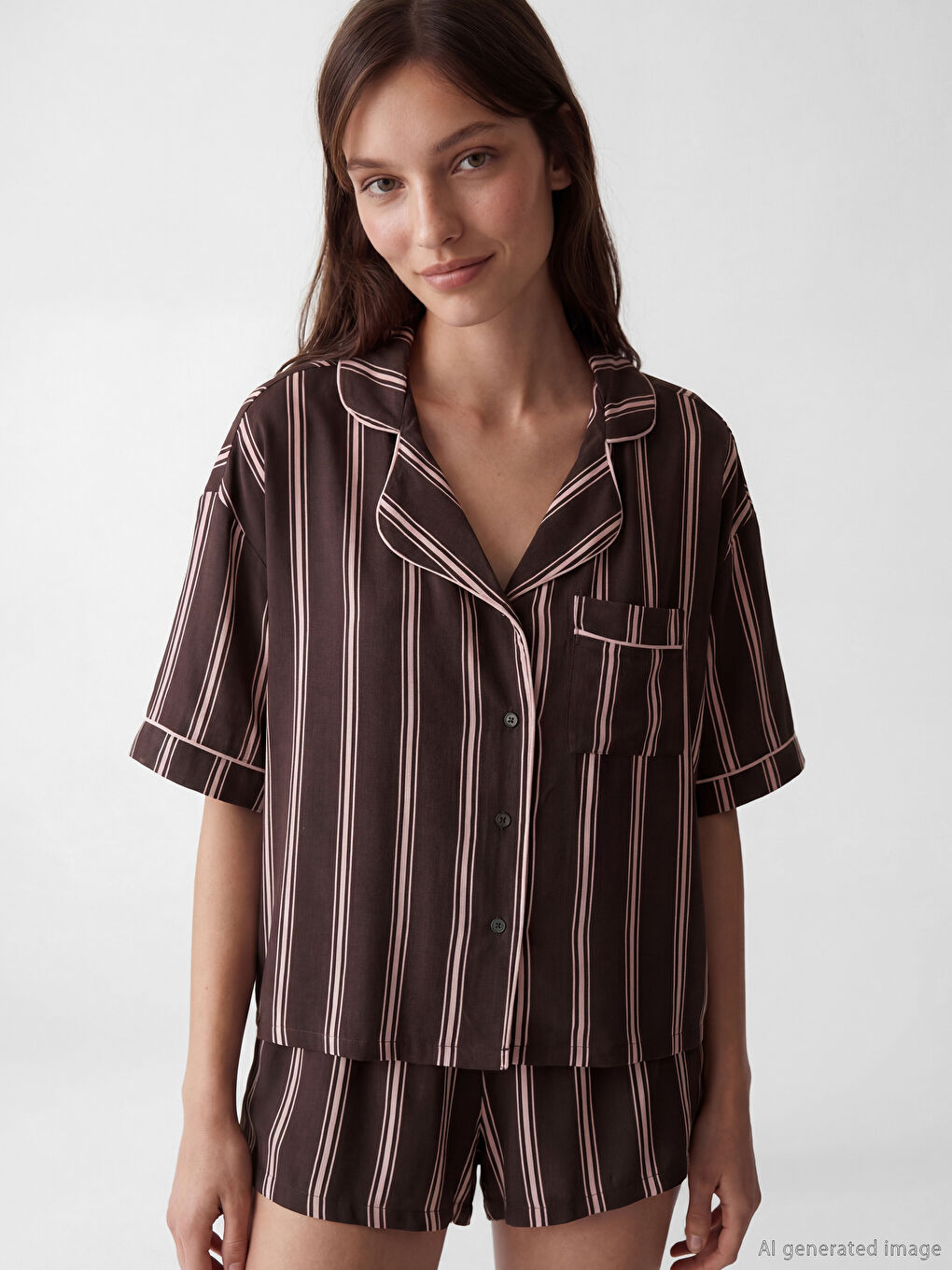 Дамски раиран пижамен комплект с яка и къси панталони-1