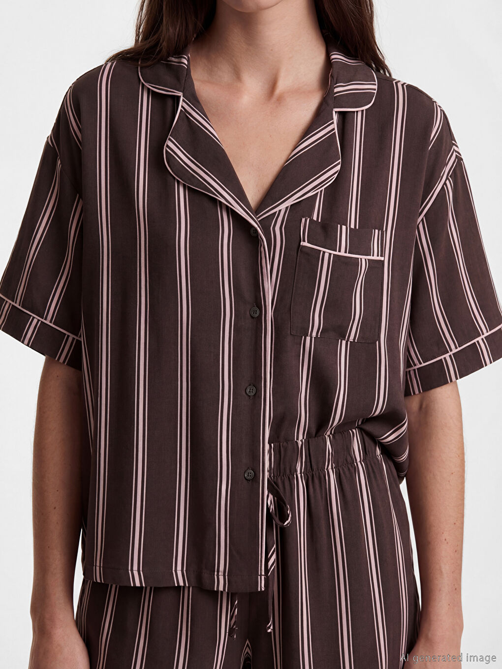 Дамски раиран пижамен комплект с яка и къси панталони-2