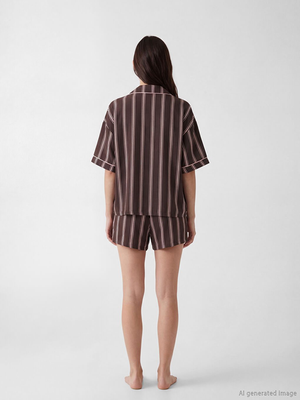 Дамски раиран пижамен комплект с яка и къси панталони-3