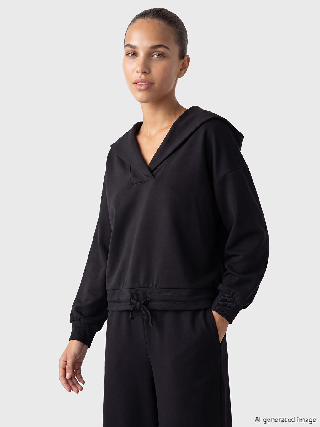 Siyah V Yaka Kadın Sweatshirt