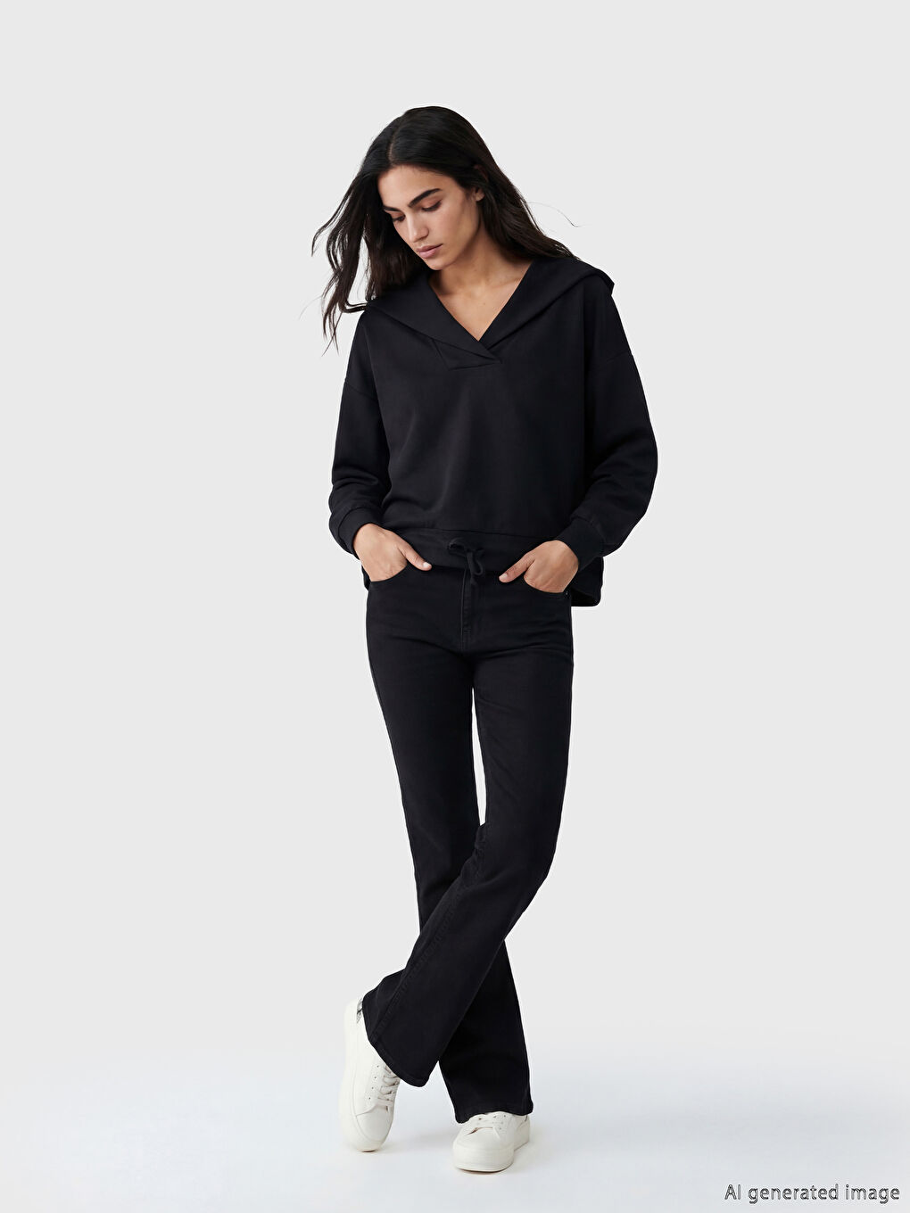 Siyah V Yaka Kadın Sweatshirt-1