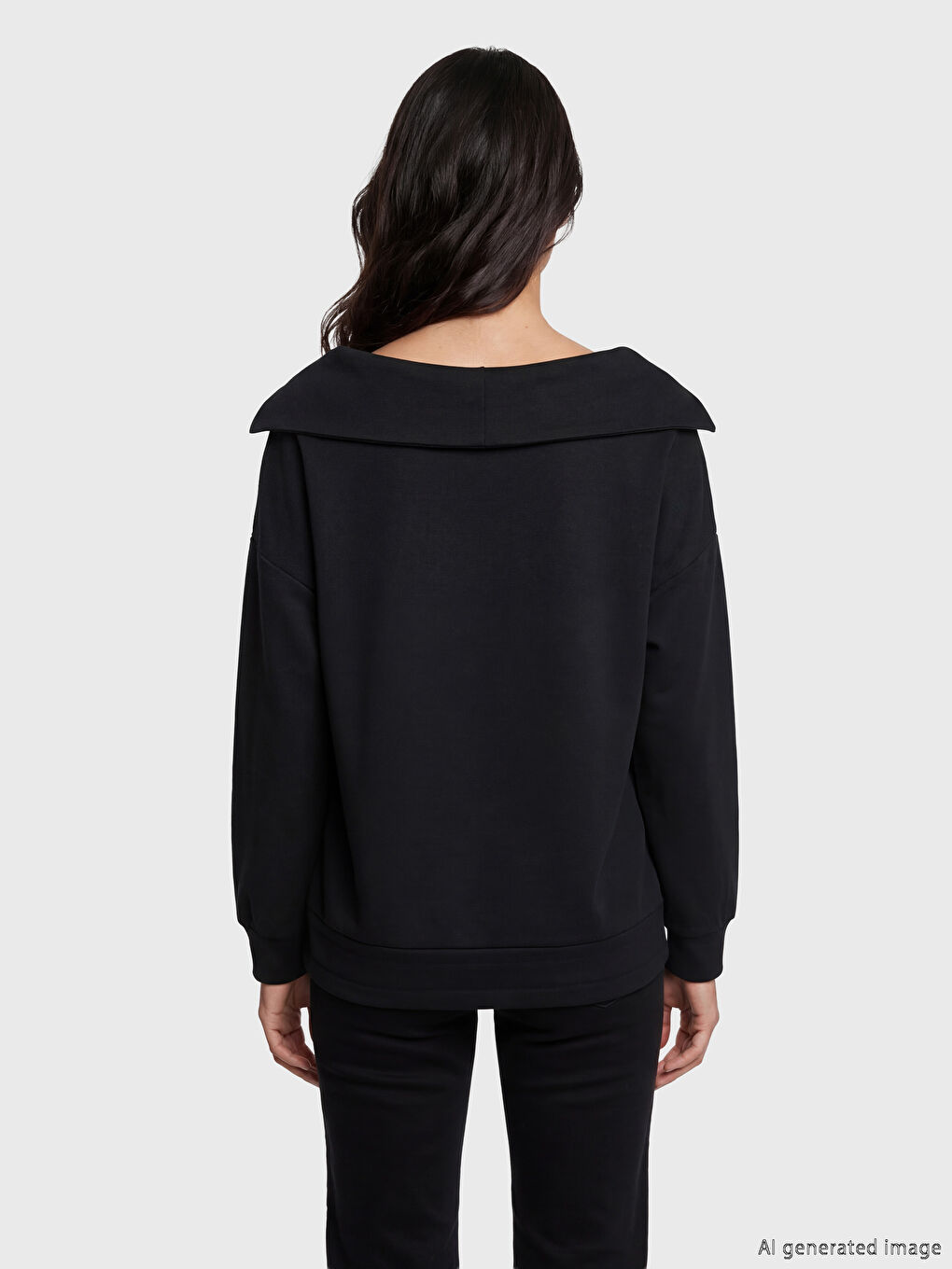 Siyah V Yaka Kadın Sweatshirt-2