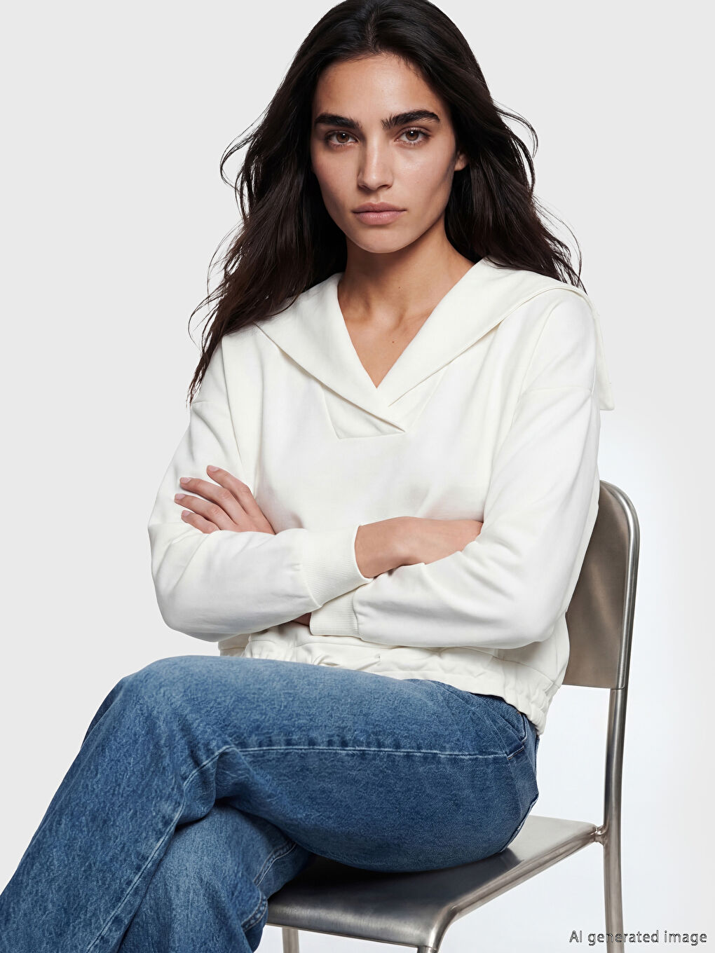 Ekru V Yaka Kadın Sweatshirt