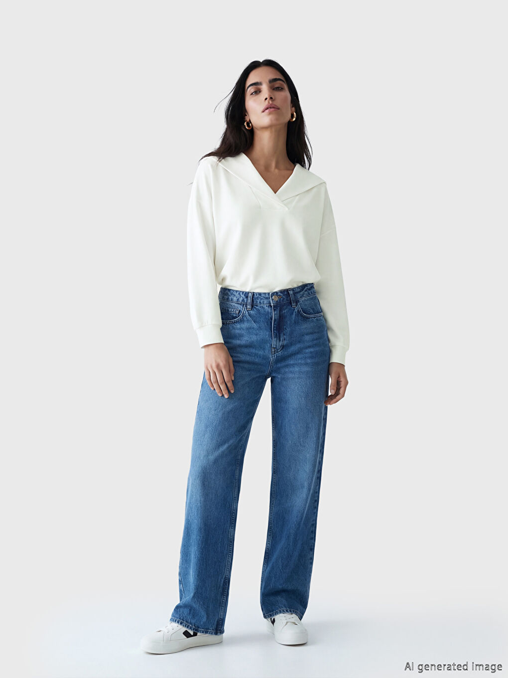 Ekru V Yaka Kadın Sweatshirt-1