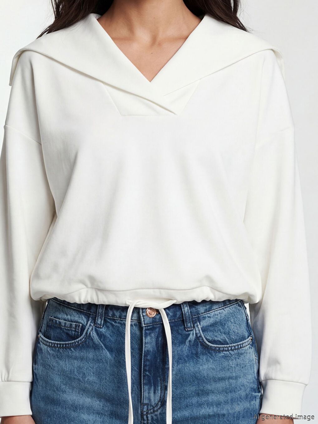 Ekru V Yaka Kadın Sweatshirt-2