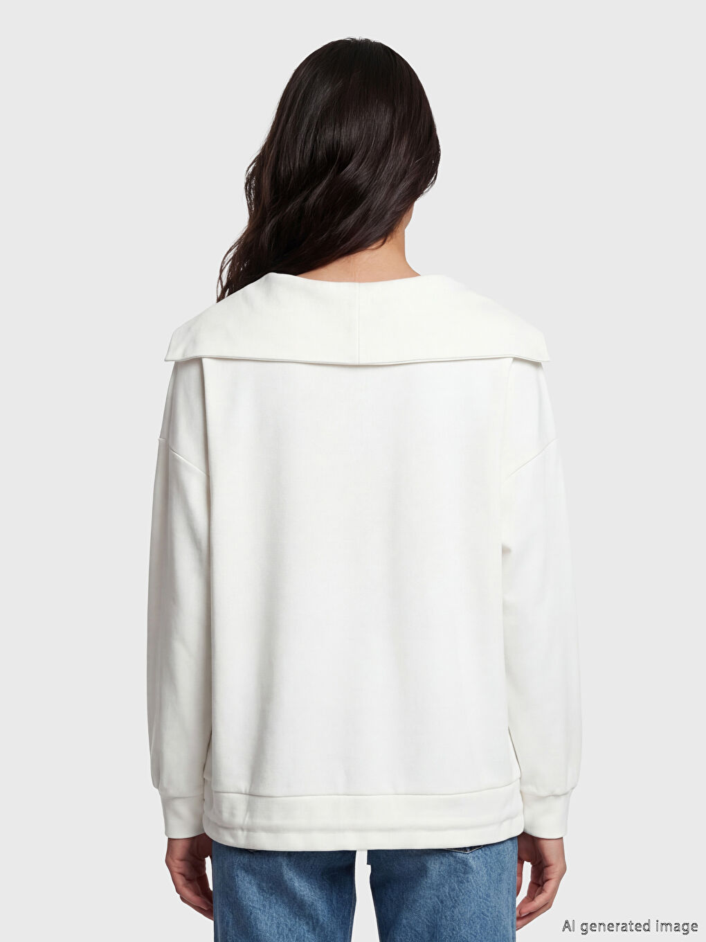 Ekru V Yaka Kadın Sweatshirt-3