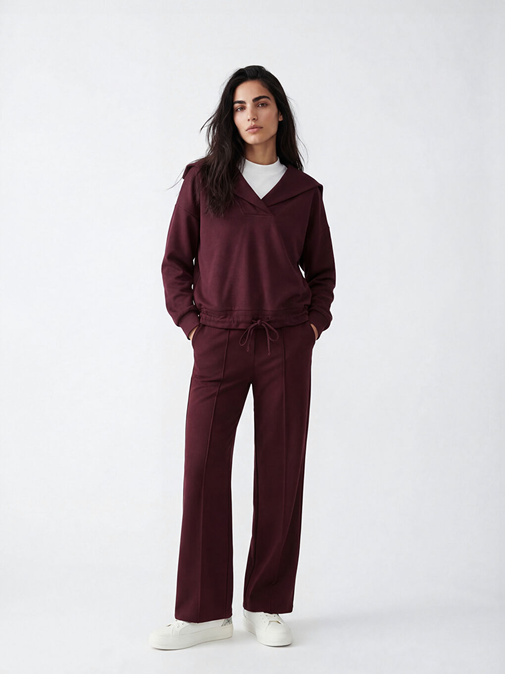 Bordo V Yaka Kadın Sweatshirt-1