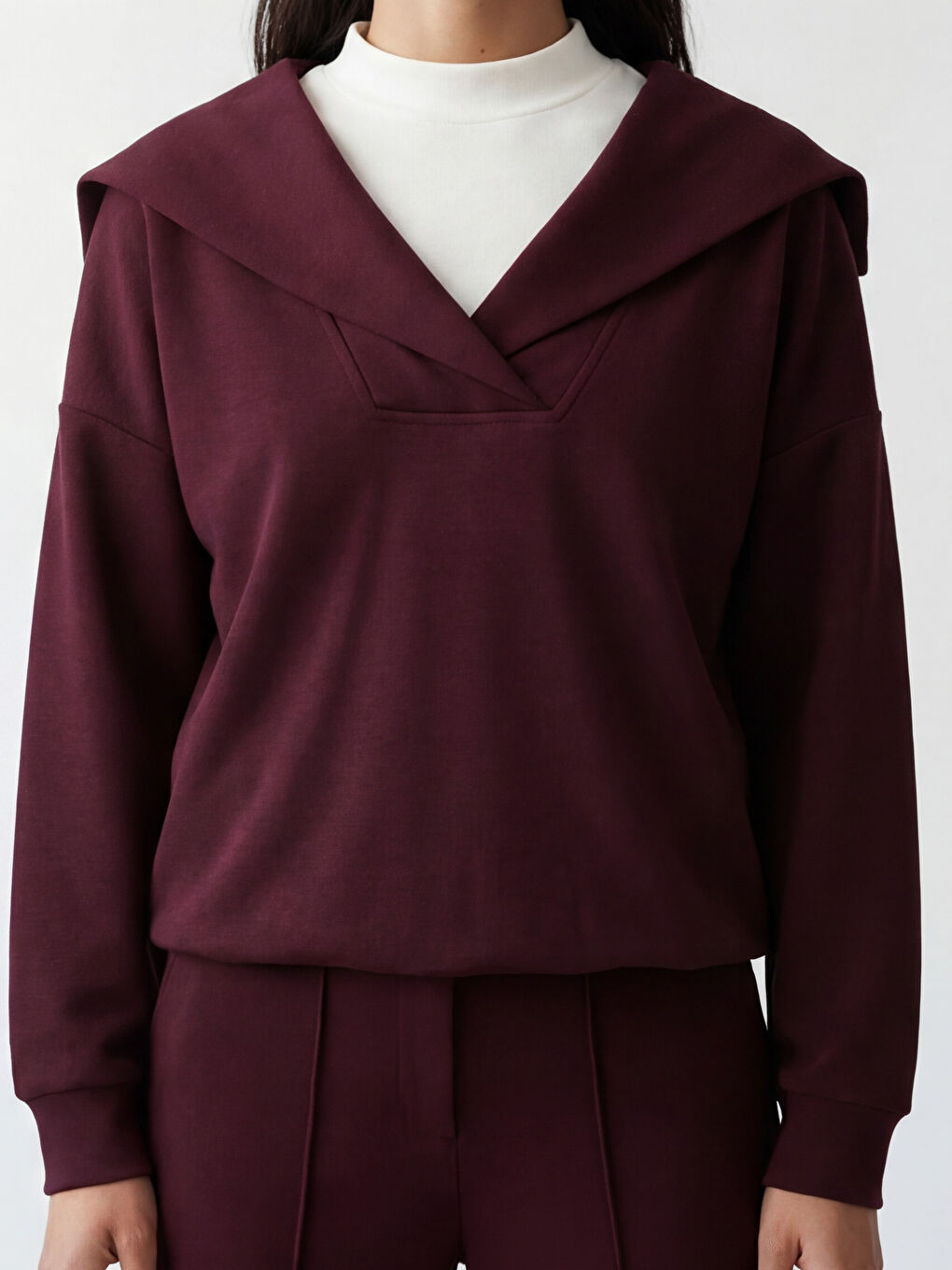 Bordo V Yaka Kadın Sweatshirt-2