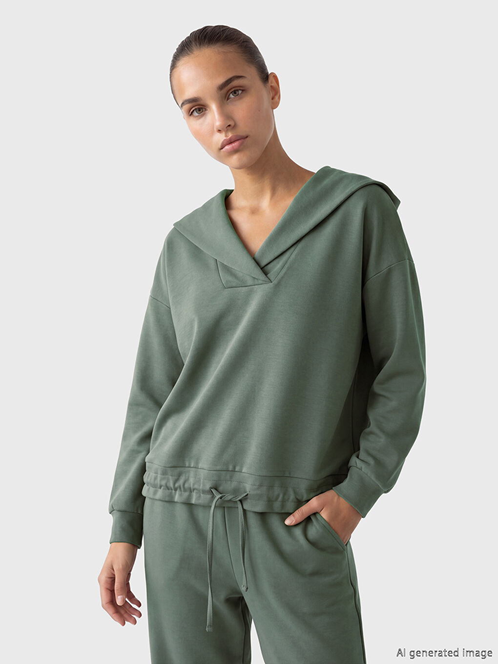 Haki V Yaka Kadın Sweatshirt