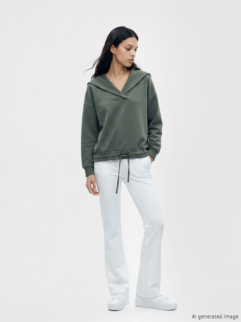 Haki V Yaka Kadın Sweatshirt-1