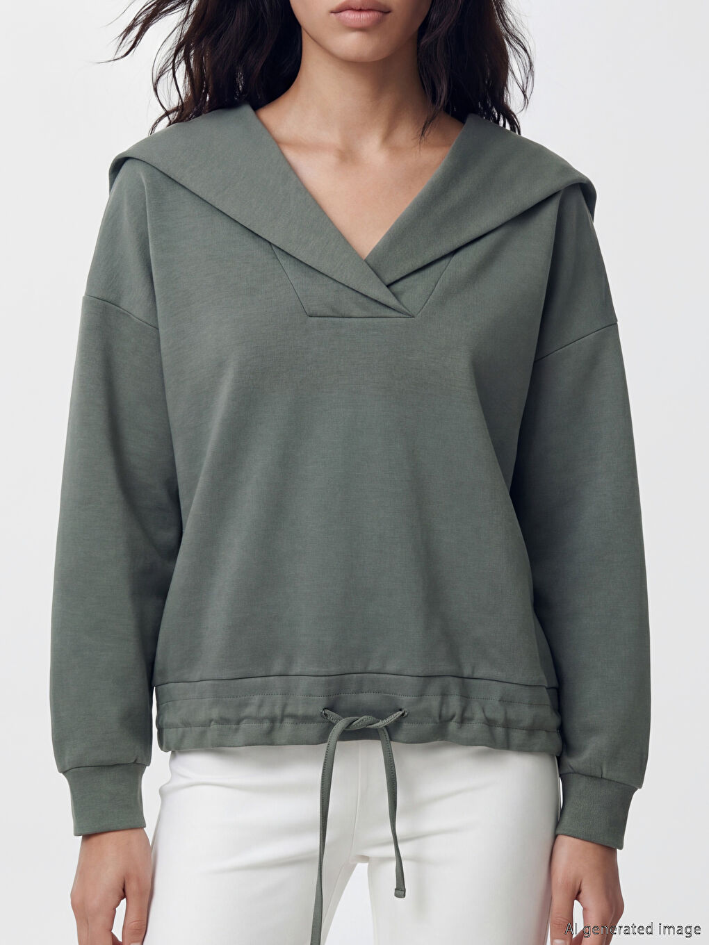 Haki V Yaka Kadın Sweatshirt-2