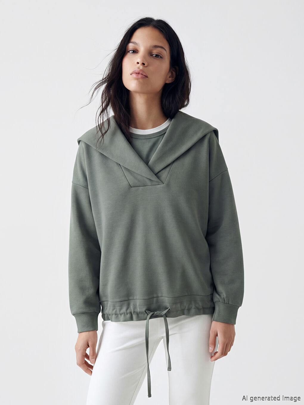 Haki V Yaka Kadın Sweatshirt-3