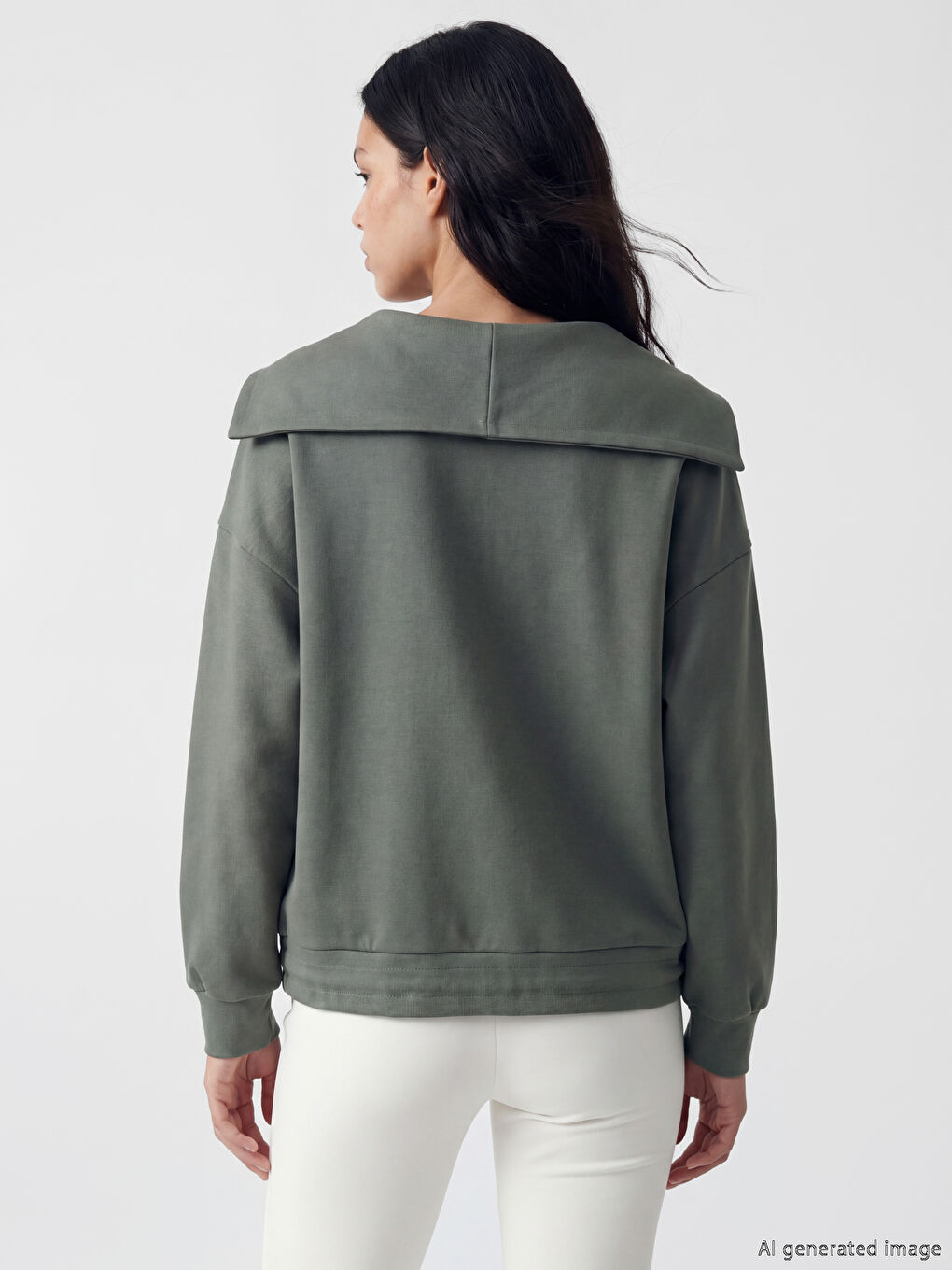 Haki V Yaka Kadın Sweatshirt-4