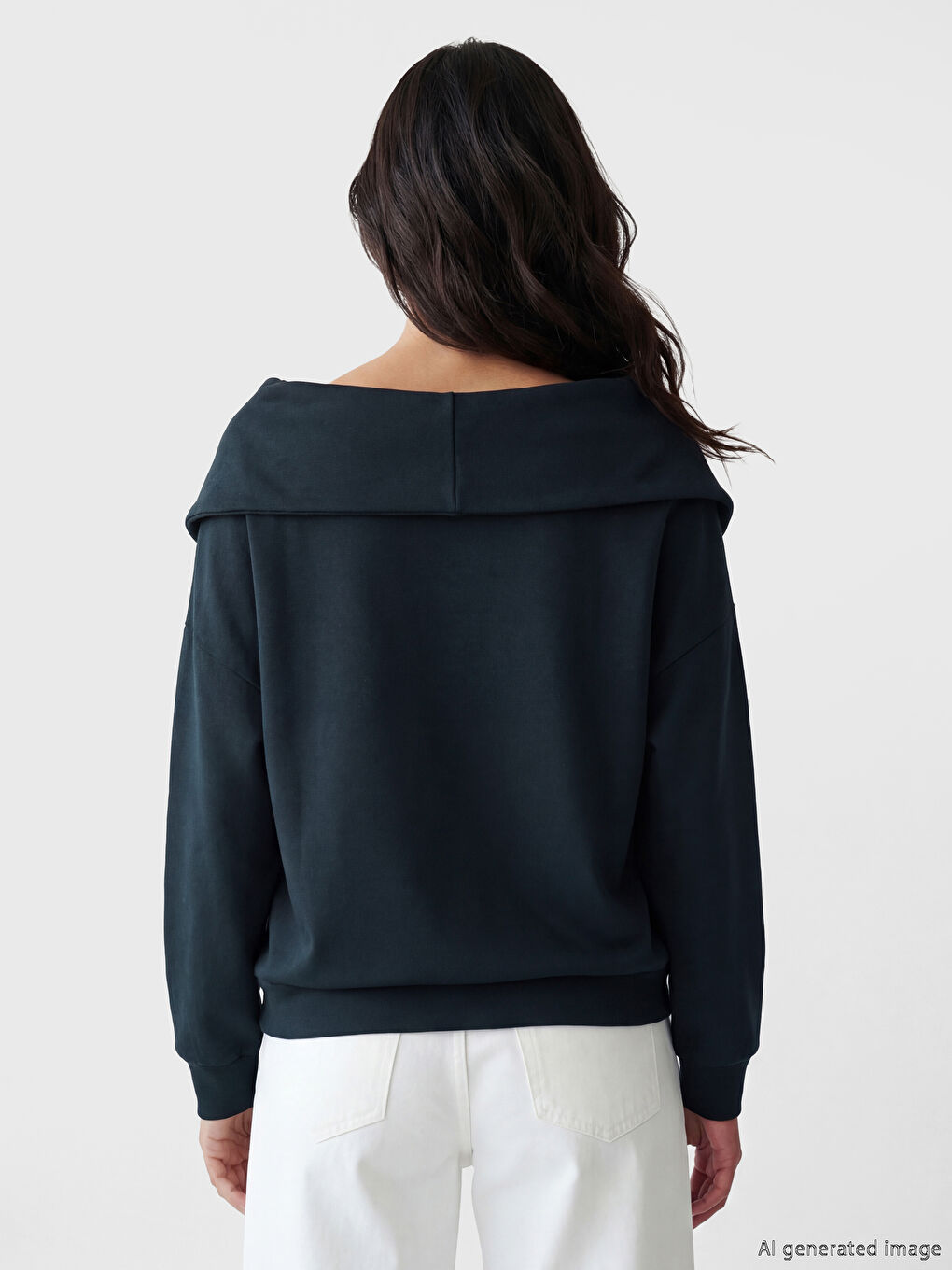 Lacivert V Yaka Kadın Sweatshirt-3