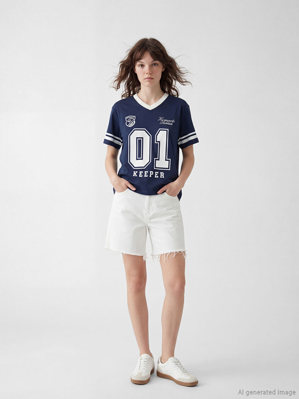 Lacivert V Yaka Harry Potter Baskılı Oversize Kadın Tişört-1