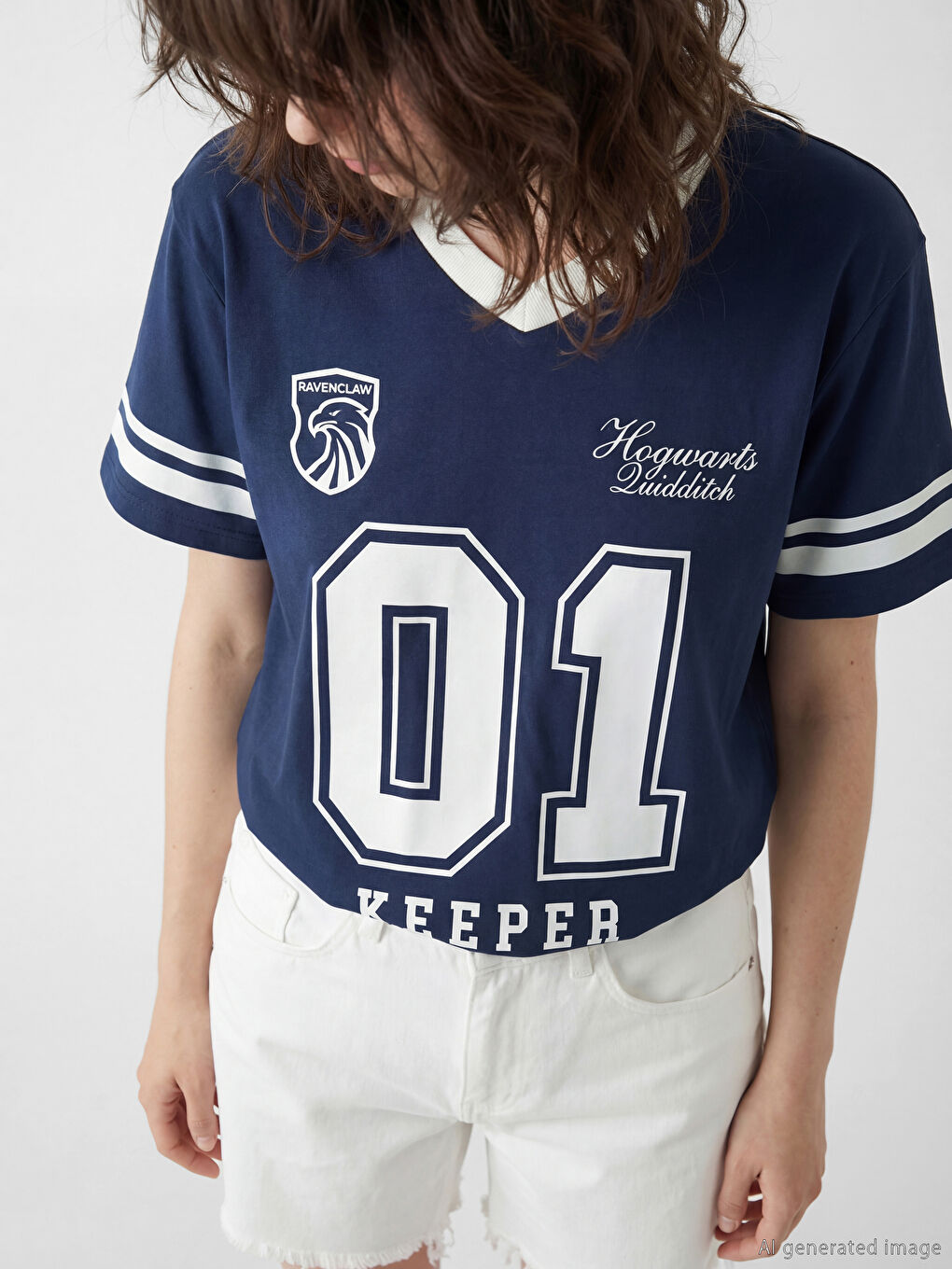 Lacivert V Yaka Harry Potter Baskılı Oversize Kadın Tişört-2