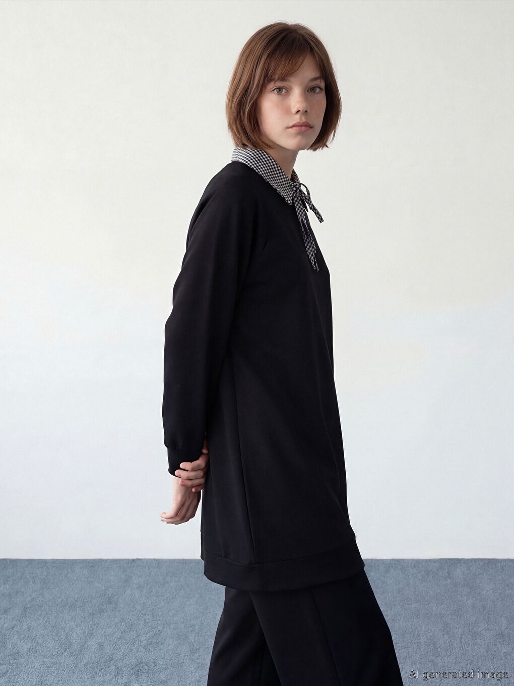 Siyah Gömlek Yaka Ekose Kadın Sweatshirt Tunik