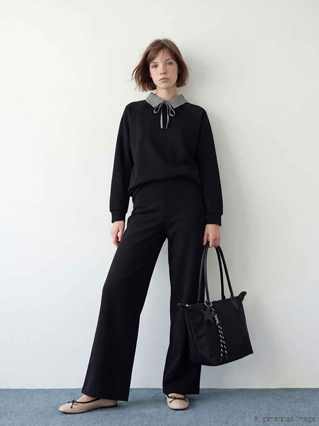 Siyah Gömlek Yaka Ekose Kadın Sweatshirt Tunik-1