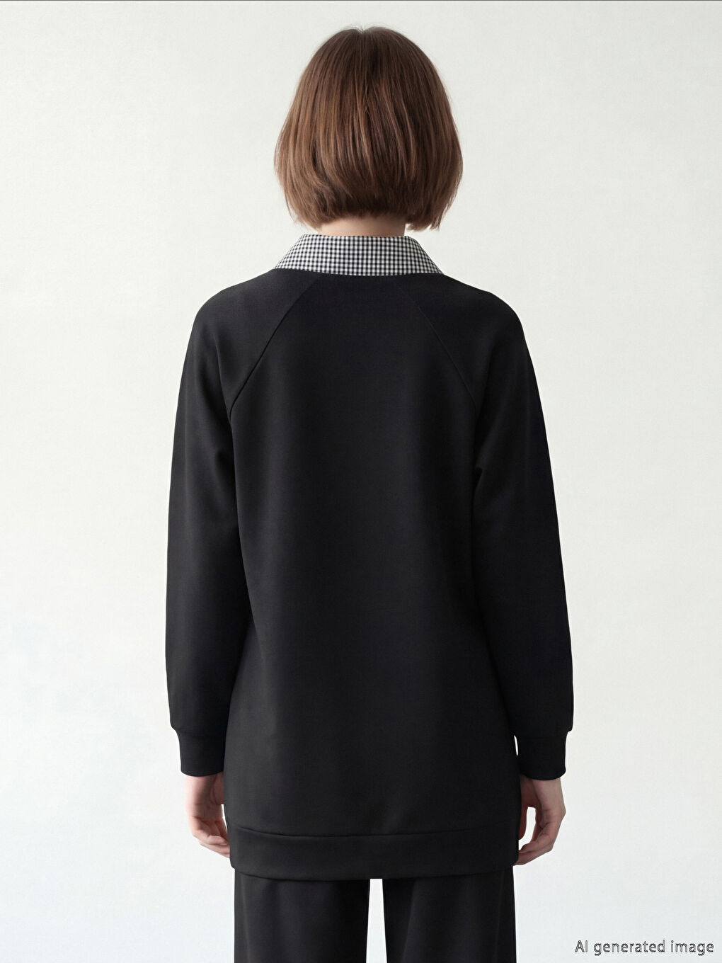 Siyah Gömlek Yaka Ekose Kadın Sweatshirt Tunik-2