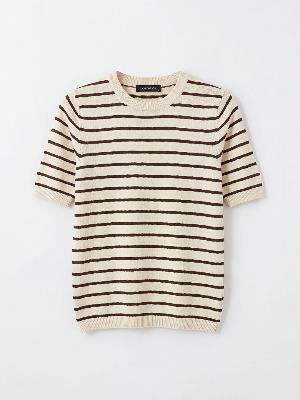 Ekru Bisiklet Yaka Çizgili Kadın Triko Kazak-4