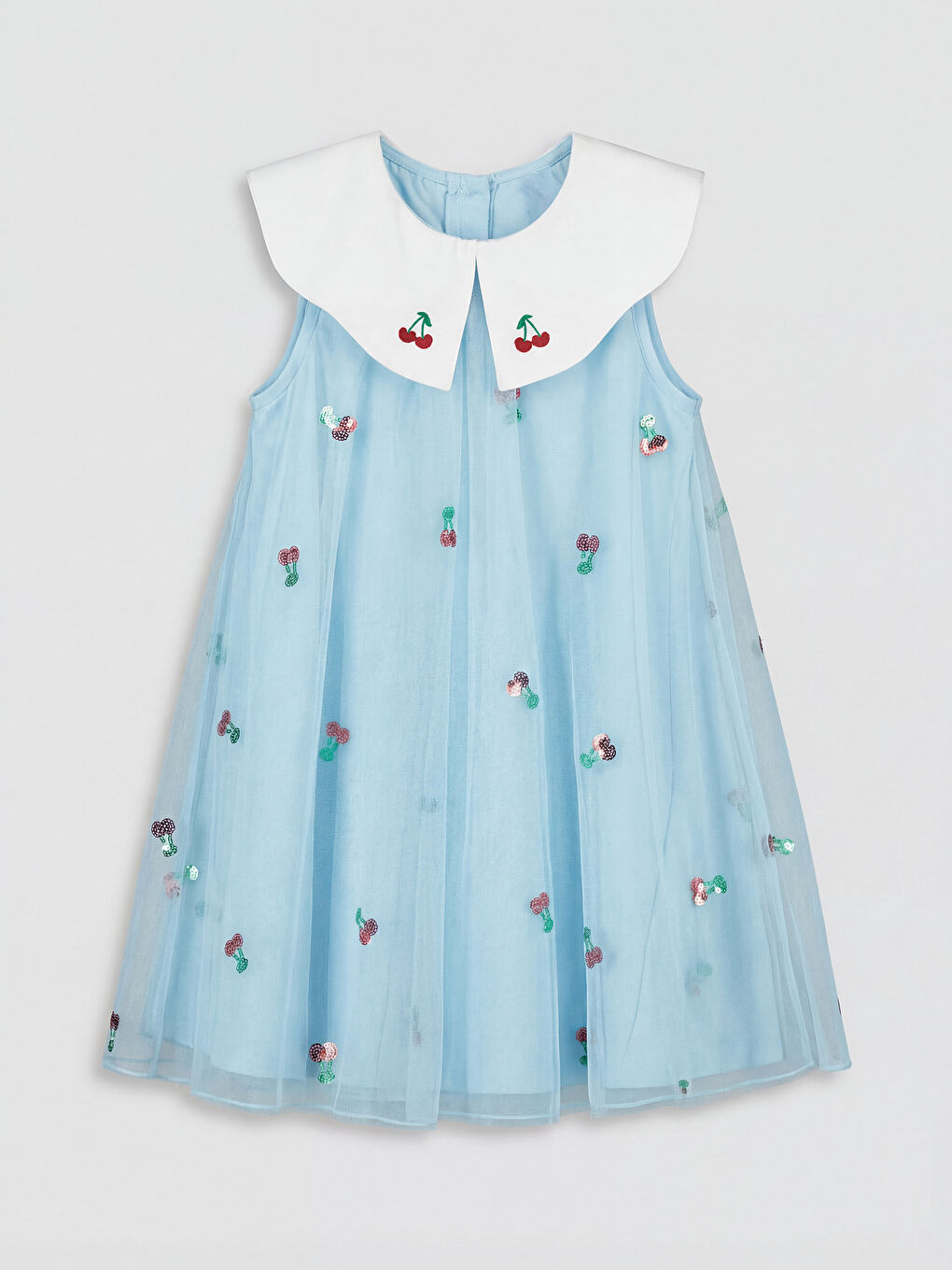 Mavi Bebe Yaka Nakışlı Kız Çocuk Prenses Elbisesi