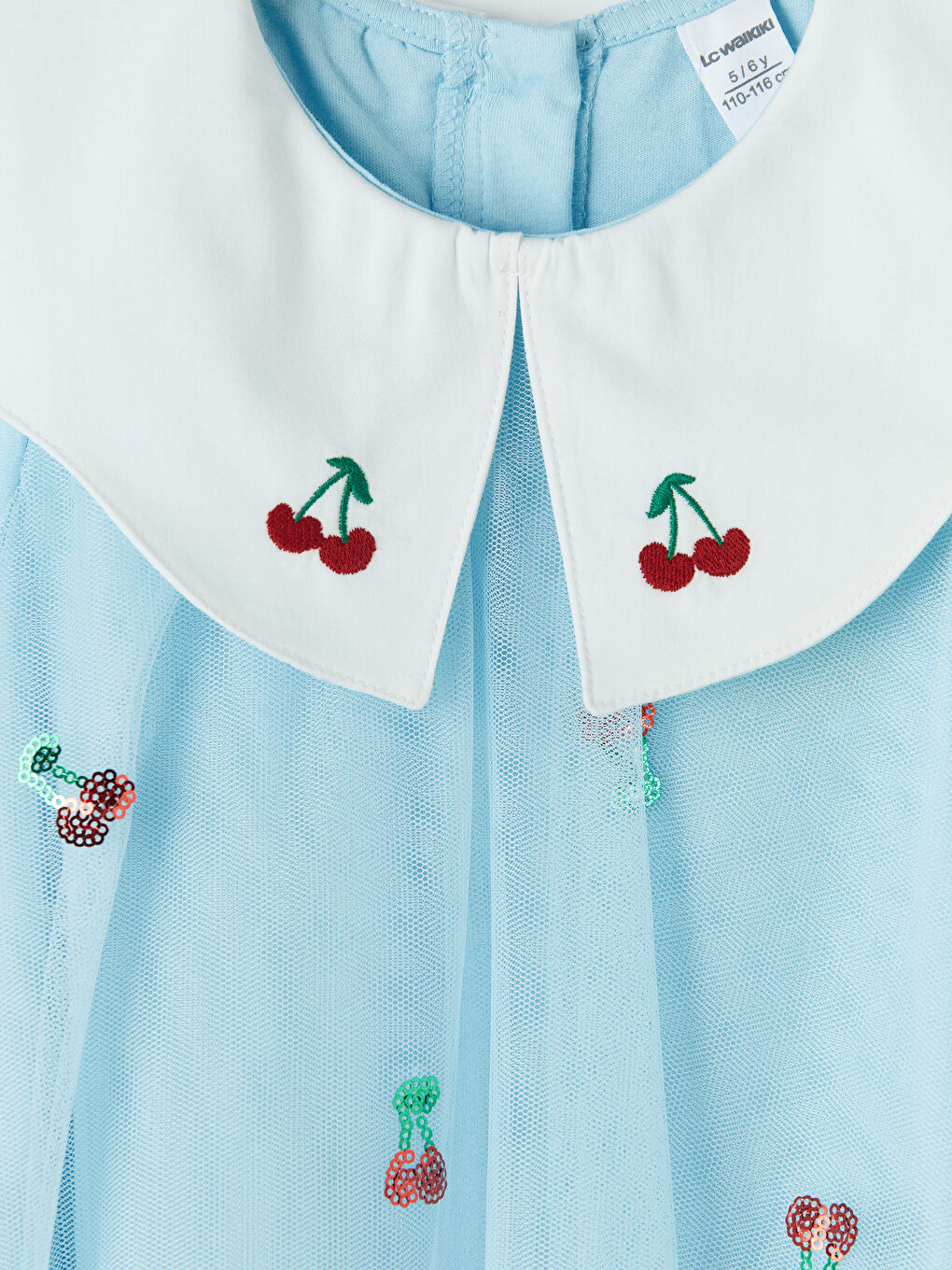 Mavi Bebe Yaka Nakışlı Kız Çocuk Prenses Elbisesi-2