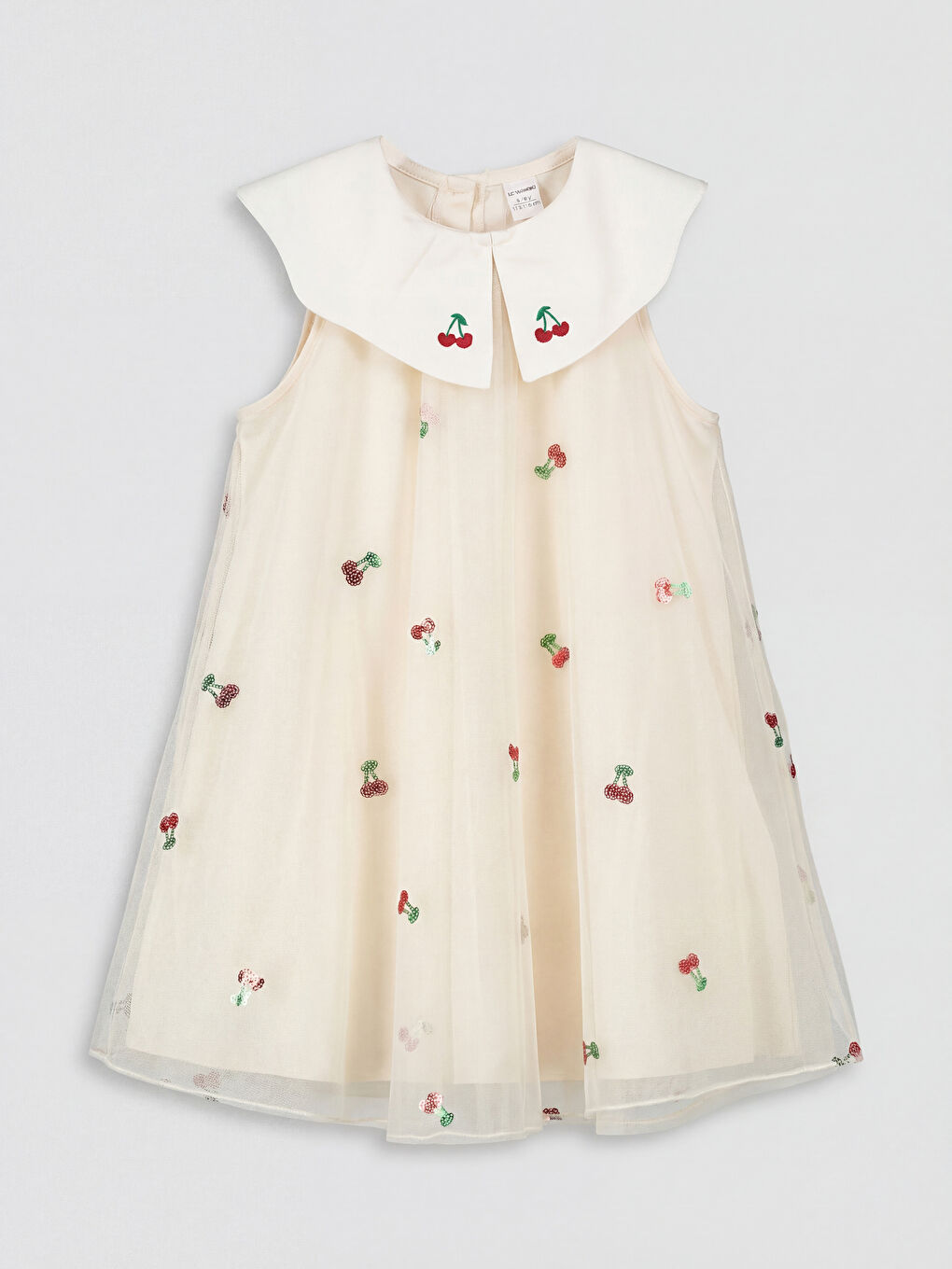 Ekru Bebe Yaka Nakışlı Kız Çocuk Prenses Elbisesi