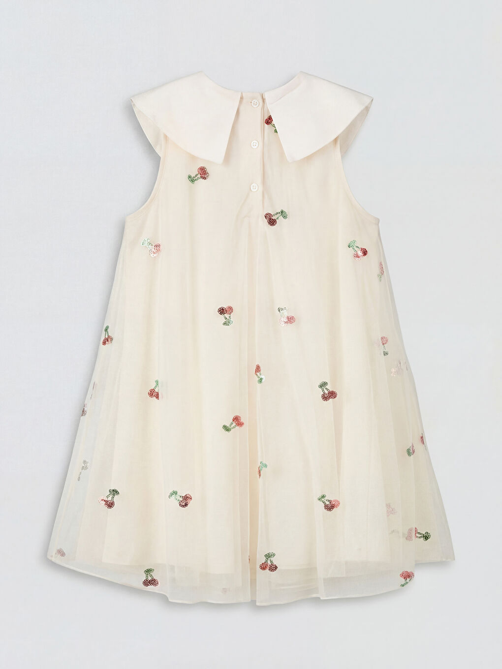Ekru Bebe Yaka Nakışlı Kız Çocuk Prenses Elbisesi-1