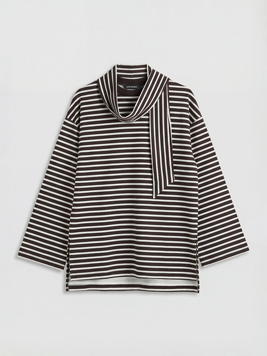 Kahverengi Şal Yaka Çizgili Kadın Sweatshirt Tunik